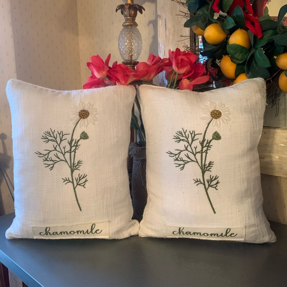 2 Chamomile embroidered WHITE throw pillows with inserts. STEMMED DAISY.